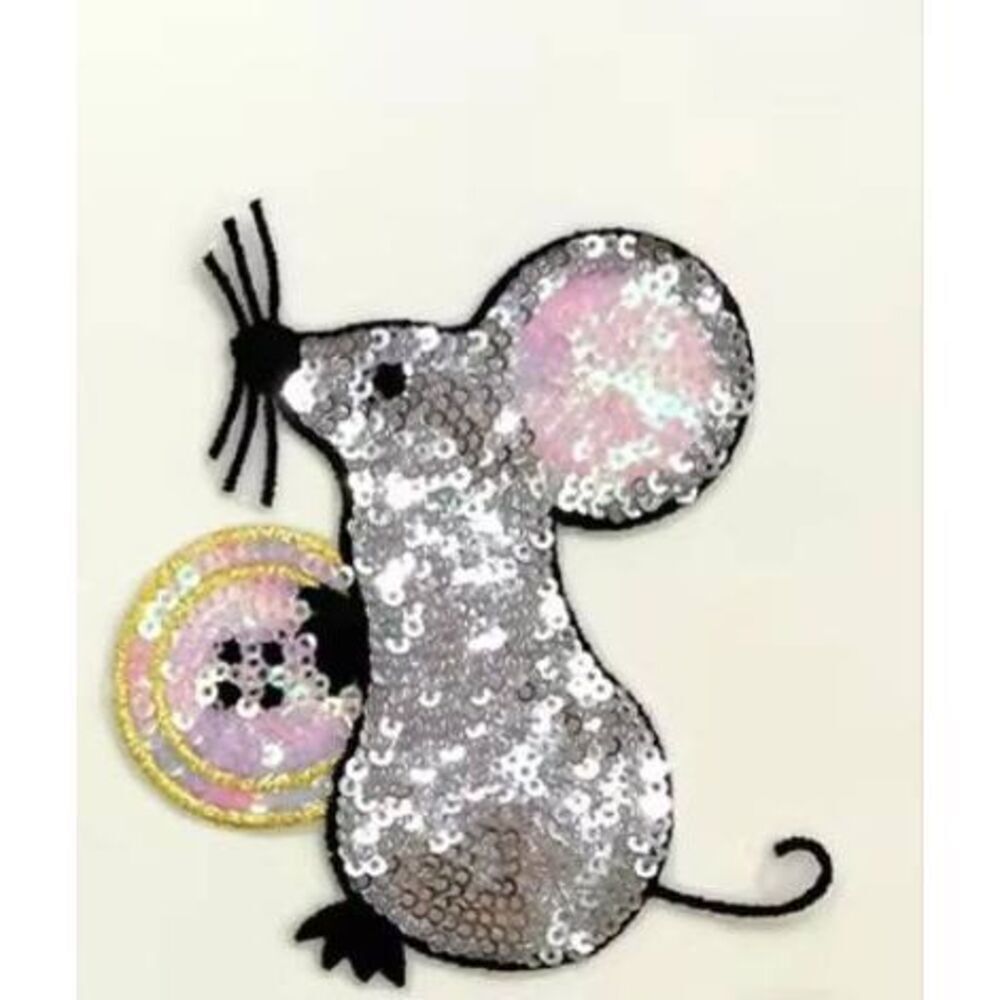 NWOT Iron-On Sequin Mouse with Button Patch Applique 4in by 3in
